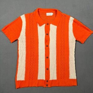 OXKNITSTORE Mens Orange White Striped Knit Polo Shirt Short Sleeve Size M Retro